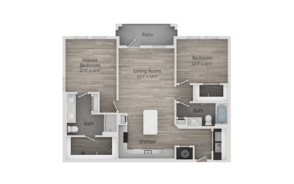 B1 - 2 bedroom floorplan layout with 2 bathrooms and 1122 square feet