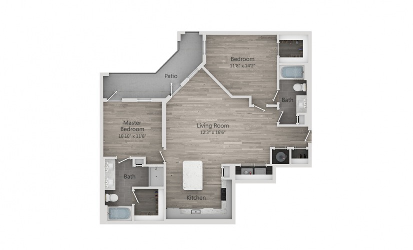 B2 - 2 bedroom floorplan layout with 2 bathrooms and 1191 square feet