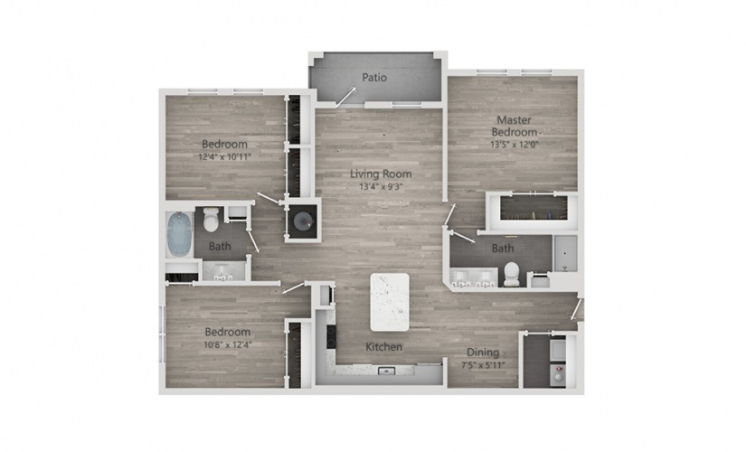 C1 - 3 bedroom floorplan layout with 2 bathrooms and 1379 square feet