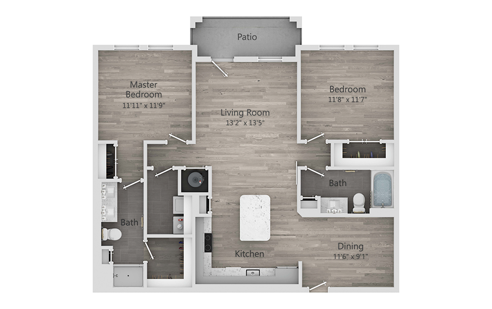 B4 - 2 bedroom floorplan layout with 2 bathrooms and 1208 square feet